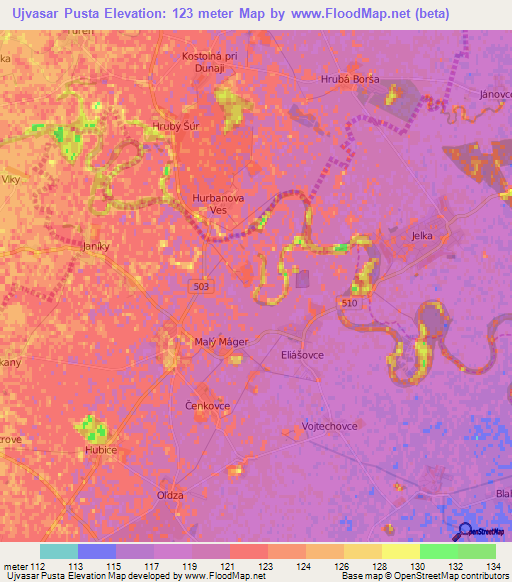 Ujvasar Pusta,Slovakia Elevation Map