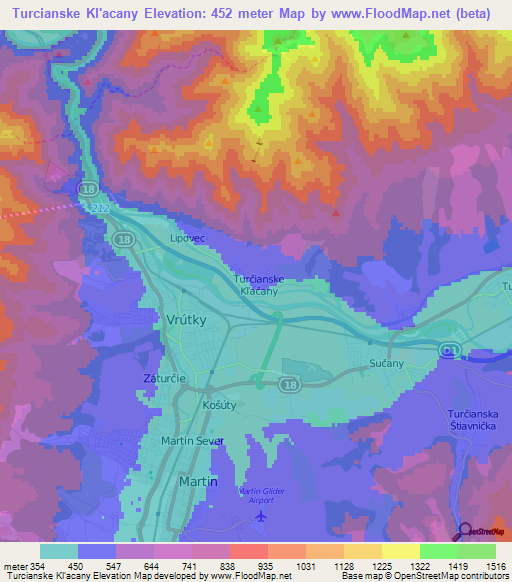 Turcianske Kl'acany,Slovakia Elevation Map