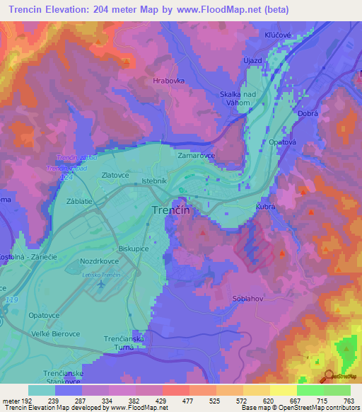 Trencin,Slovakia Elevation Map