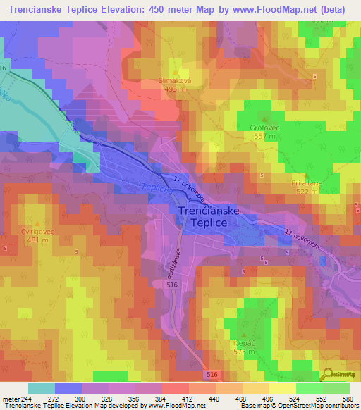 Trencianske Teplice,Slovakia Elevation Map
