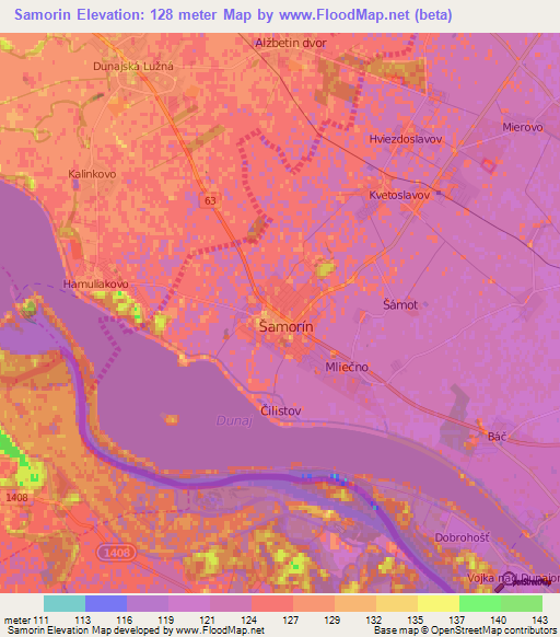 Samorin,Slovakia Elevation Map