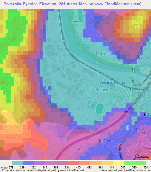 Povazska Bystrica,Slovakia Elevation Map