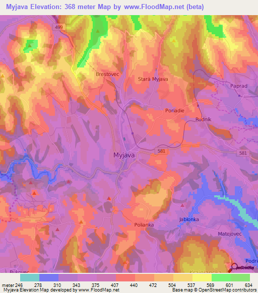 Myjava,Slovakia Elevation Map