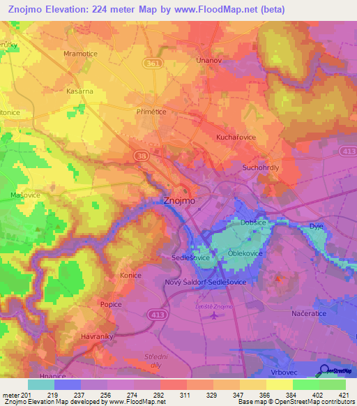Znojmo,Czech Republic Elevation Map
