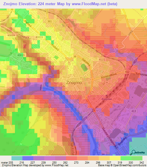 Znojmo,Czech Republic Elevation Map