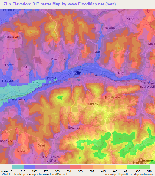 Zlin,Czech Republic Elevation Map