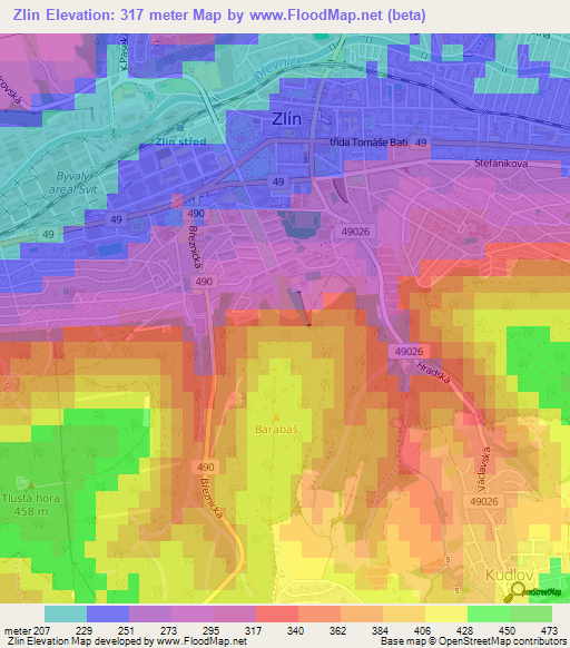 Zlin,Czech Republic Elevation Map