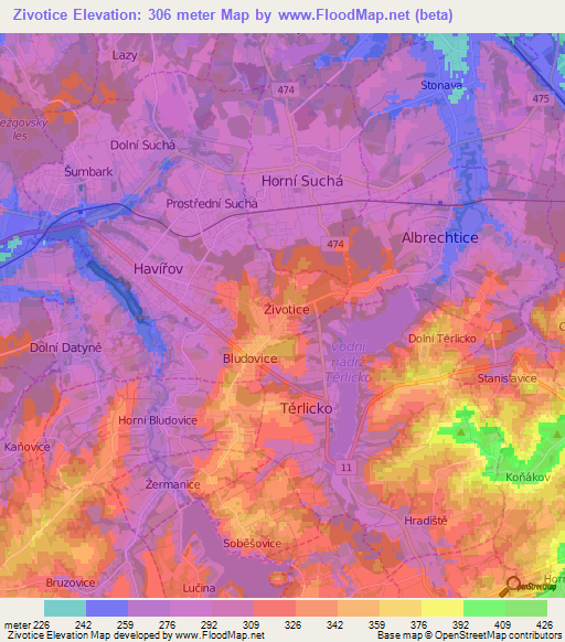 Zivotice,Czech Republic Elevation Map