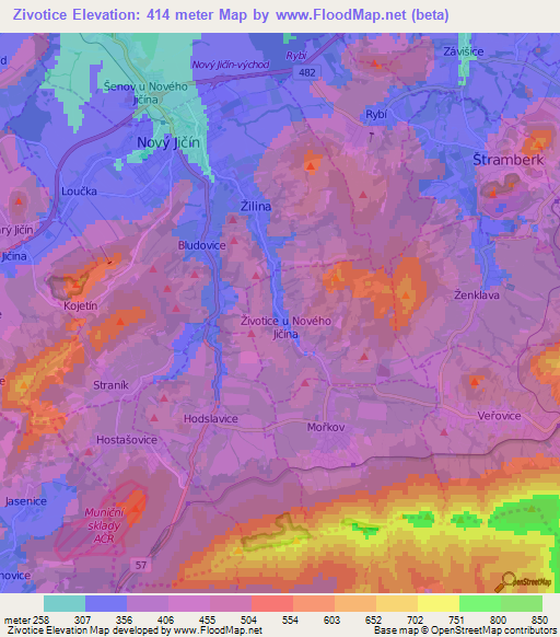 Zivotice,Czech Republic Elevation Map