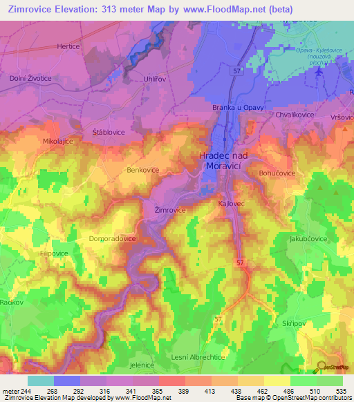 Zimrovice,Czech Republic Elevation Map