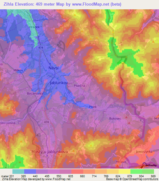 Zihla,Czech Republic Elevation Map