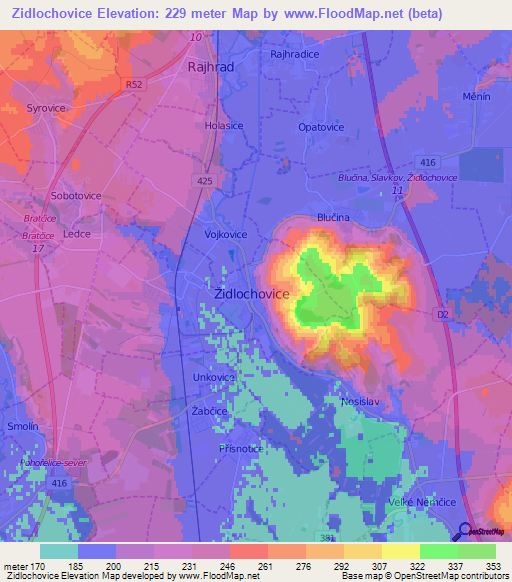 Zidlochovice,Czech Republic Elevation Map