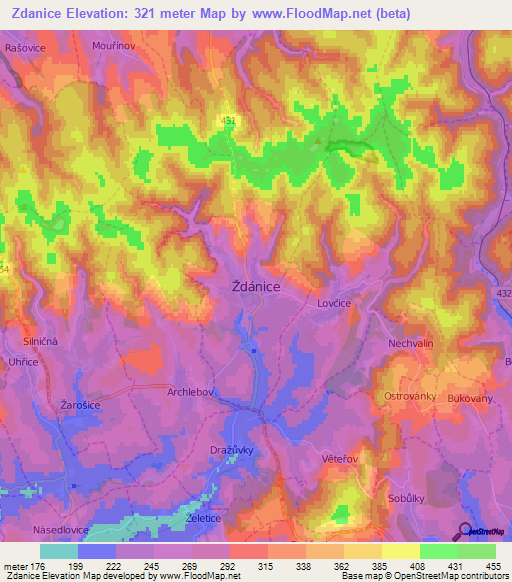 Zdanice,Czech Republic Elevation Map