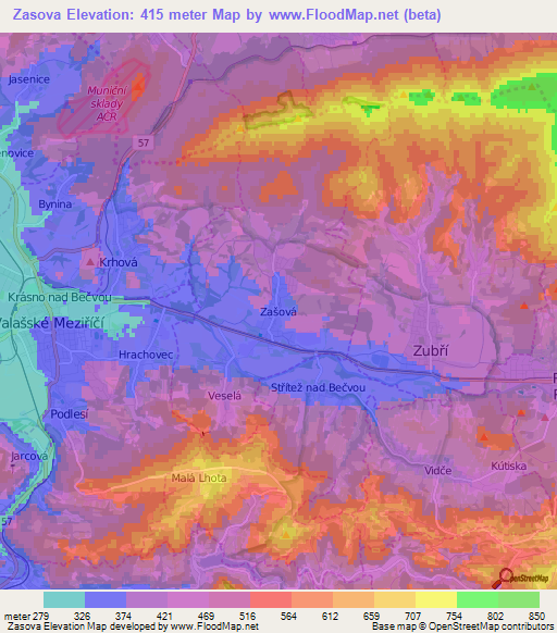 Zasova,Czech Republic Elevation Map