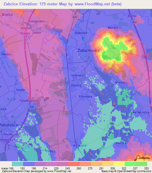Zabcice,Czech Republic Elevation Map