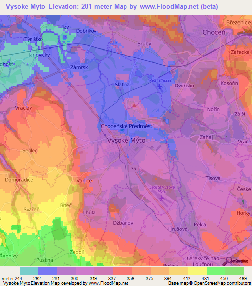 Vysoke Myto,Czech Republic Elevation Map