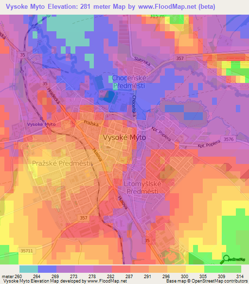 Vysoke Myto,Czech Republic Elevation Map