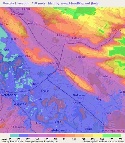 Vsetaty,Czech Republic Elevation Map