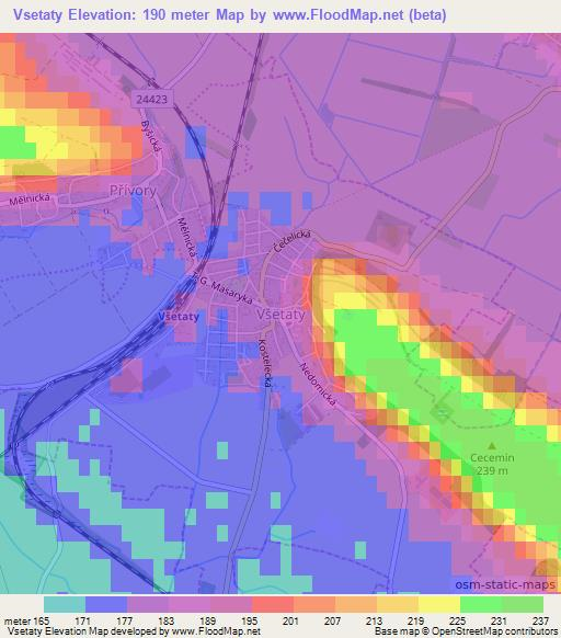 Vsetaty,Czech Republic Elevation Map