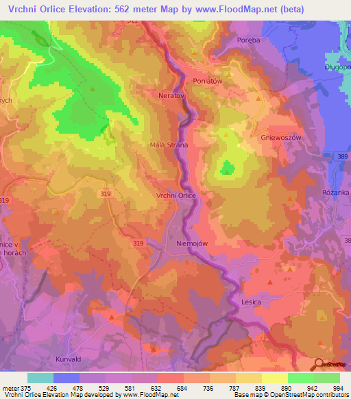 Vrchni Orlice,Czech Republic Elevation Map