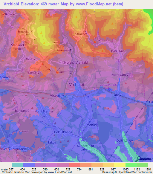 Vrchlabi,Czech Republic Elevation Map
