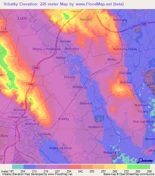 Vrbatky,Czech Republic Elevation Map