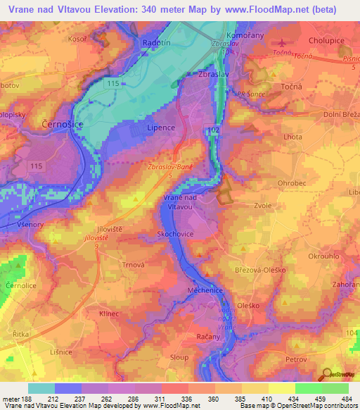 Vrane nad Vltavou,Czech Republic Elevation Map