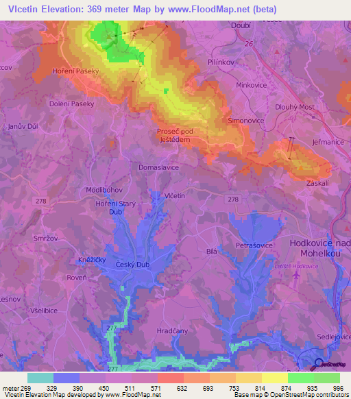 Vlcetin,Czech Republic Elevation Map