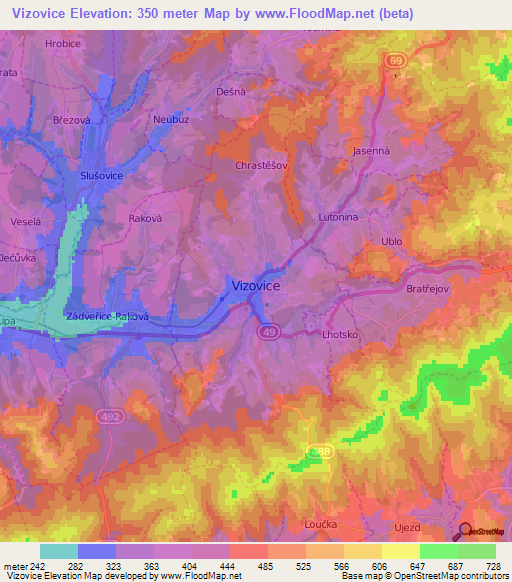 Vizovice,Czech Republic Elevation Map