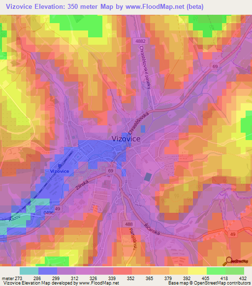 Vizovice,Czech Republic Elevation Map