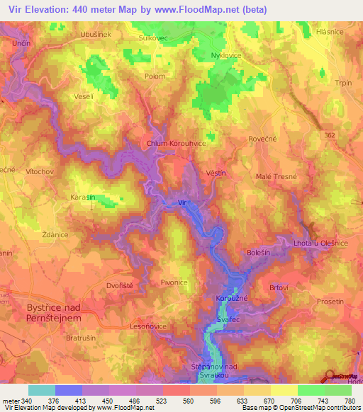 Vir,Czech Republic Elevation Map