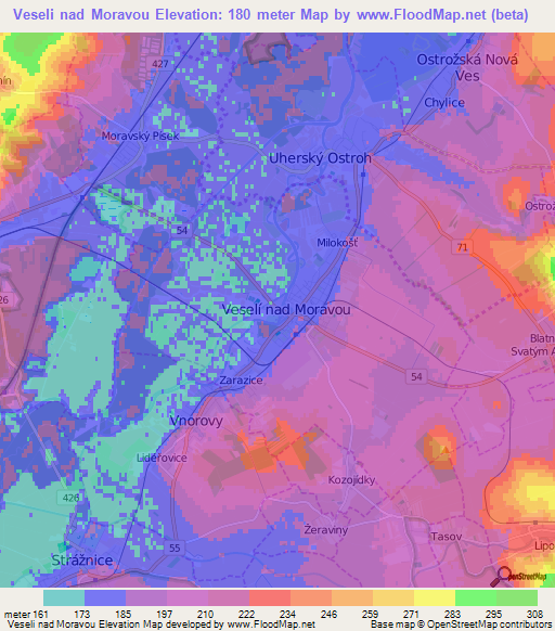 Veseli nad Moravou,Czech Republic Elevation Map