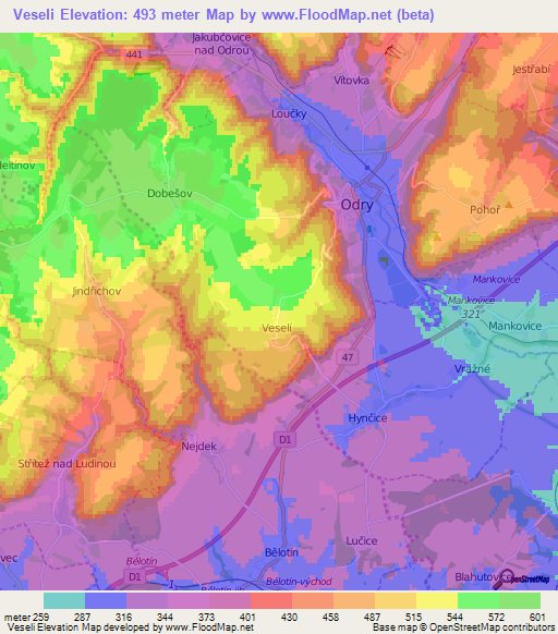 Veseli,Czech Republic Elevation Map