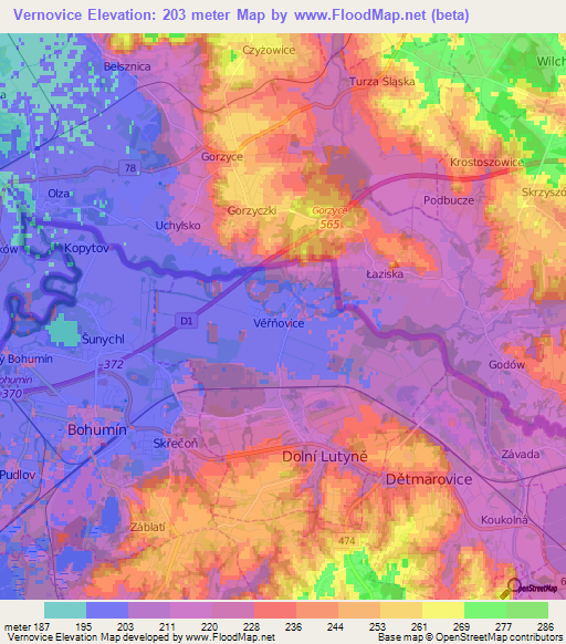 Vernovice,Czech Republic Elevation Map
