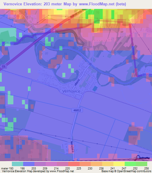 Vernovice,Czech Republic Elevation Map