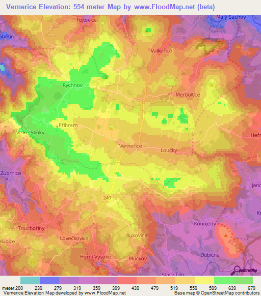 Vernerice,Czech Republic Elevation Map