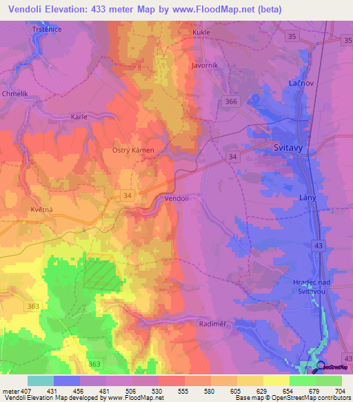 Vendoli,Czech Republic Elevation Map