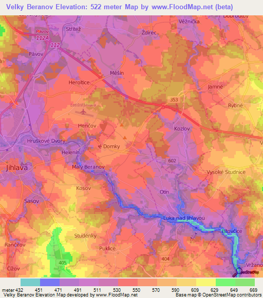 Velky Beranov,Czech Republic Elevation Map