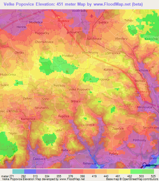 Velke Popovice,Czech Republic Elevation Map