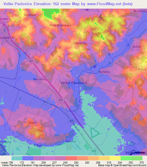 Velke Pavlovice,Czech Republic Elevation Map