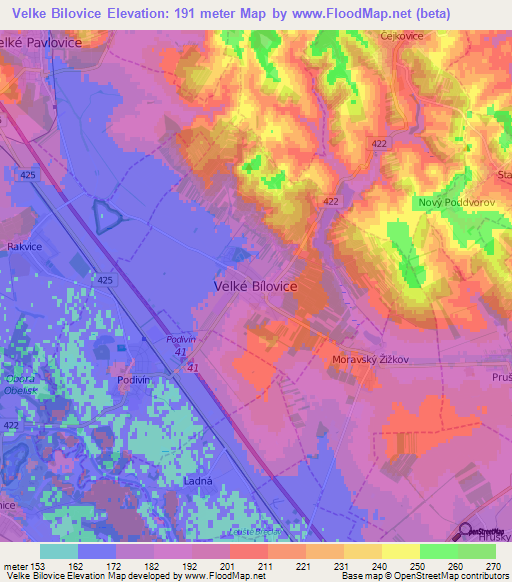 Velke Bilovice,Czech Republic Elevation Map