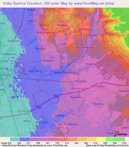 Velka Bystrice,Czech Republic Elevation Map