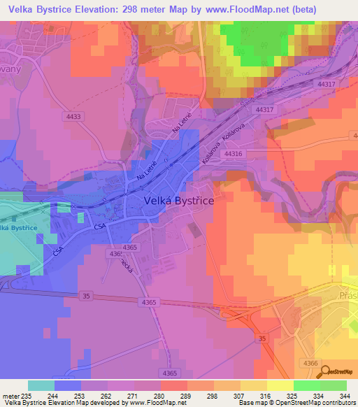 Velka Bystrice,Czech Republic Elevation Map