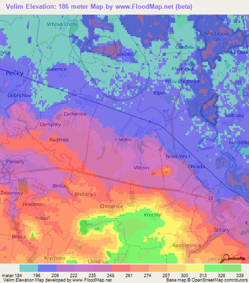 Velim,Czech Republic Elevation Map
