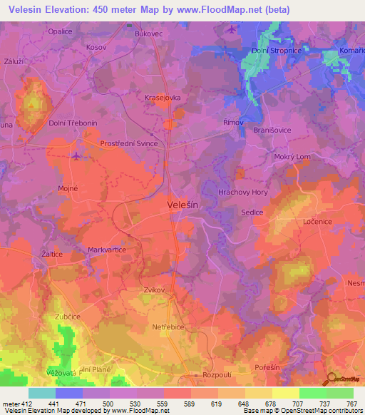 Velesin,Czech Republic Elevation Map