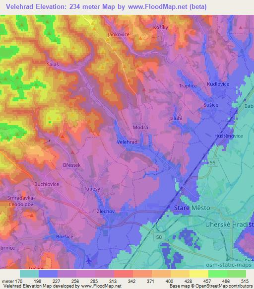Velehrad,Czech Republic Elevation Map