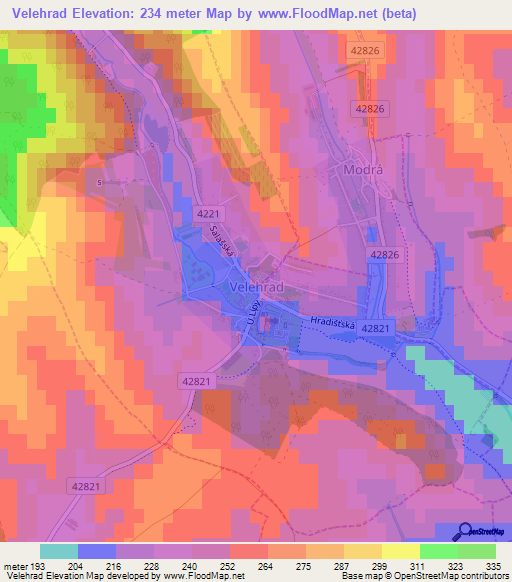 Velehrad,Czech Republic Elevation Map