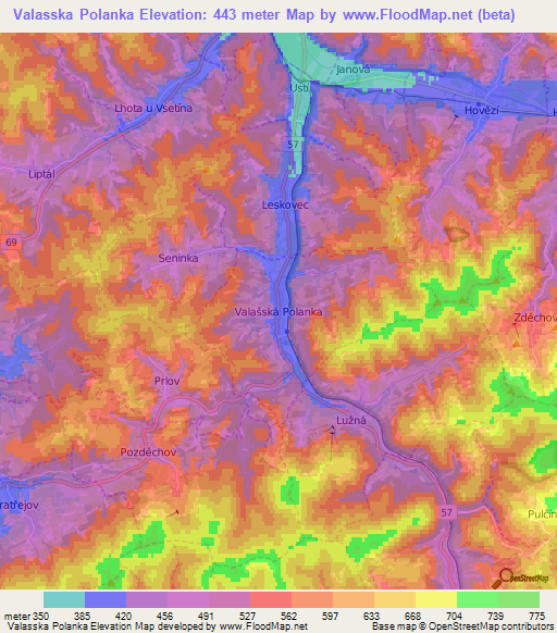 Valasska Polanka,Czech Republic Elevation Map