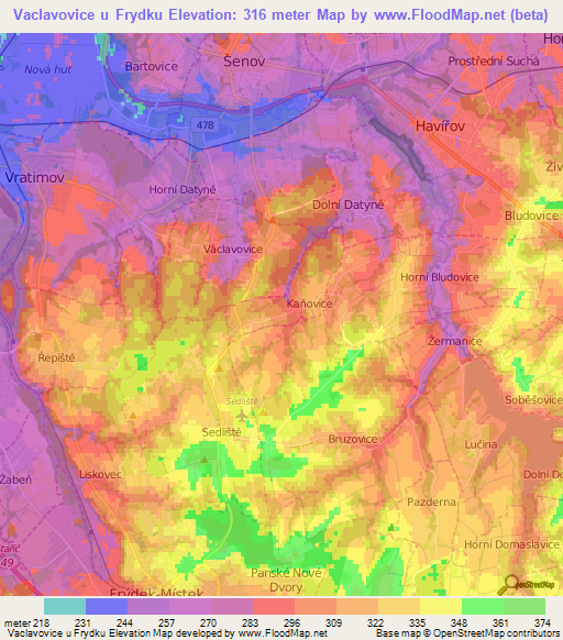 Vaclavovice u Frydku,Czech Republic Elevation Map