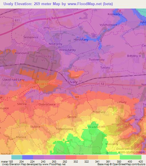 Uvaly,Czech Republic Elevation Map